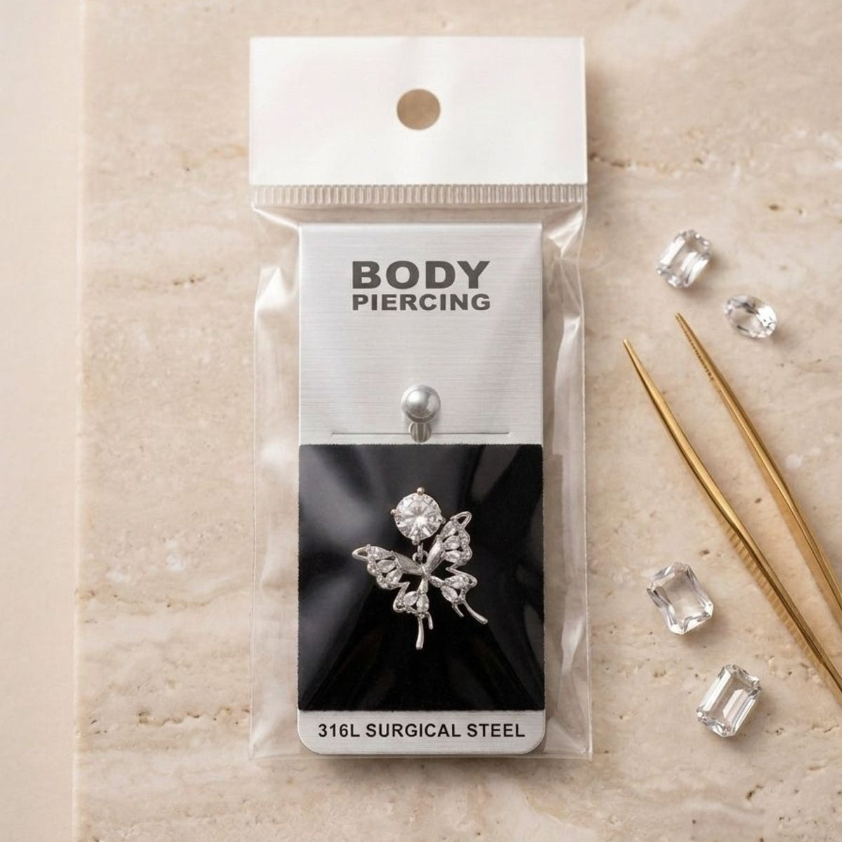 Diamond Butterfly Drop Premium Göbek Piercingi Zirkon Taşlı Sallantılı Gümüş Altın Renk