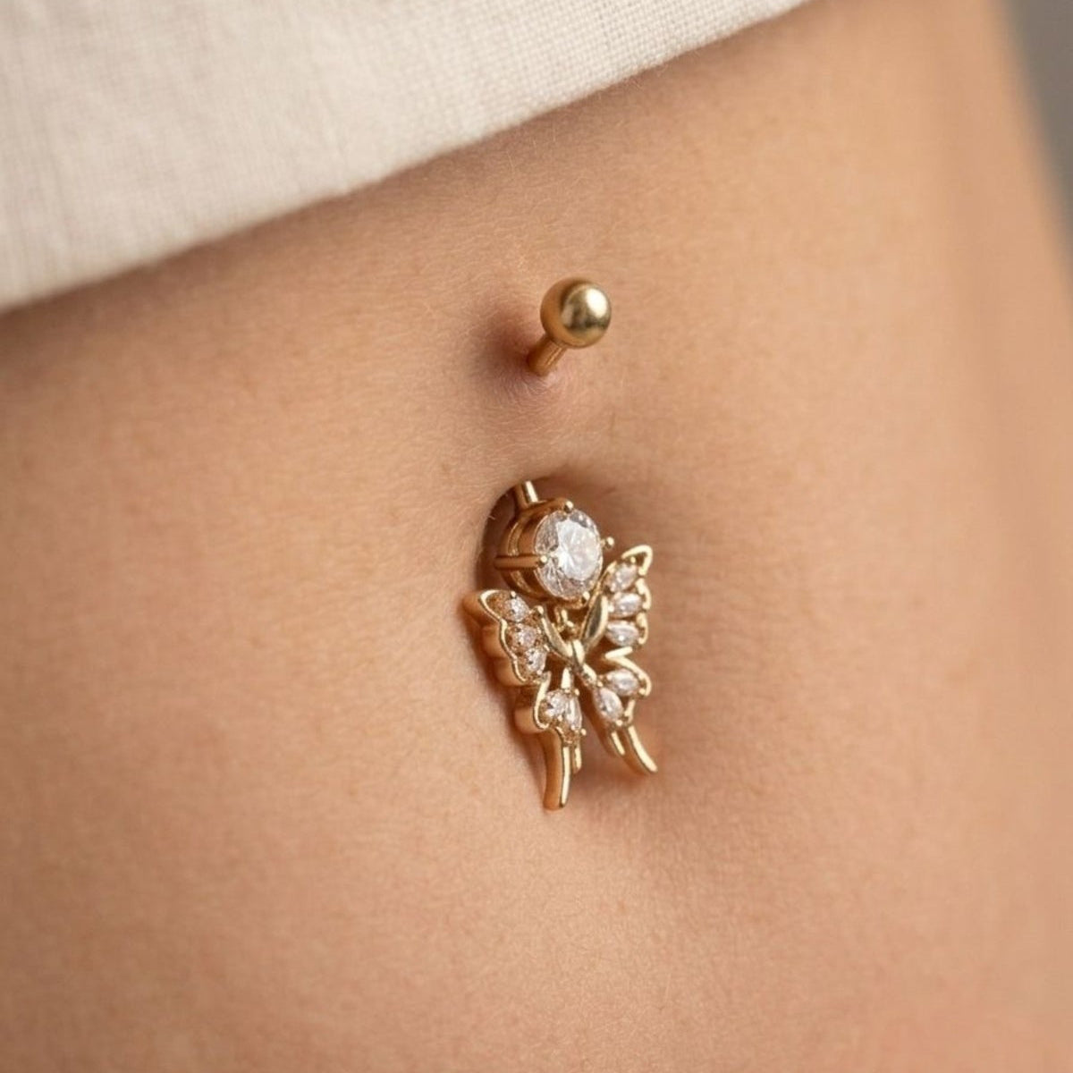 Diamond Butterfly Drop Premium Göbek Piercingi Zirkon Taşlı Sallantılı Gümüş Altın Renk
