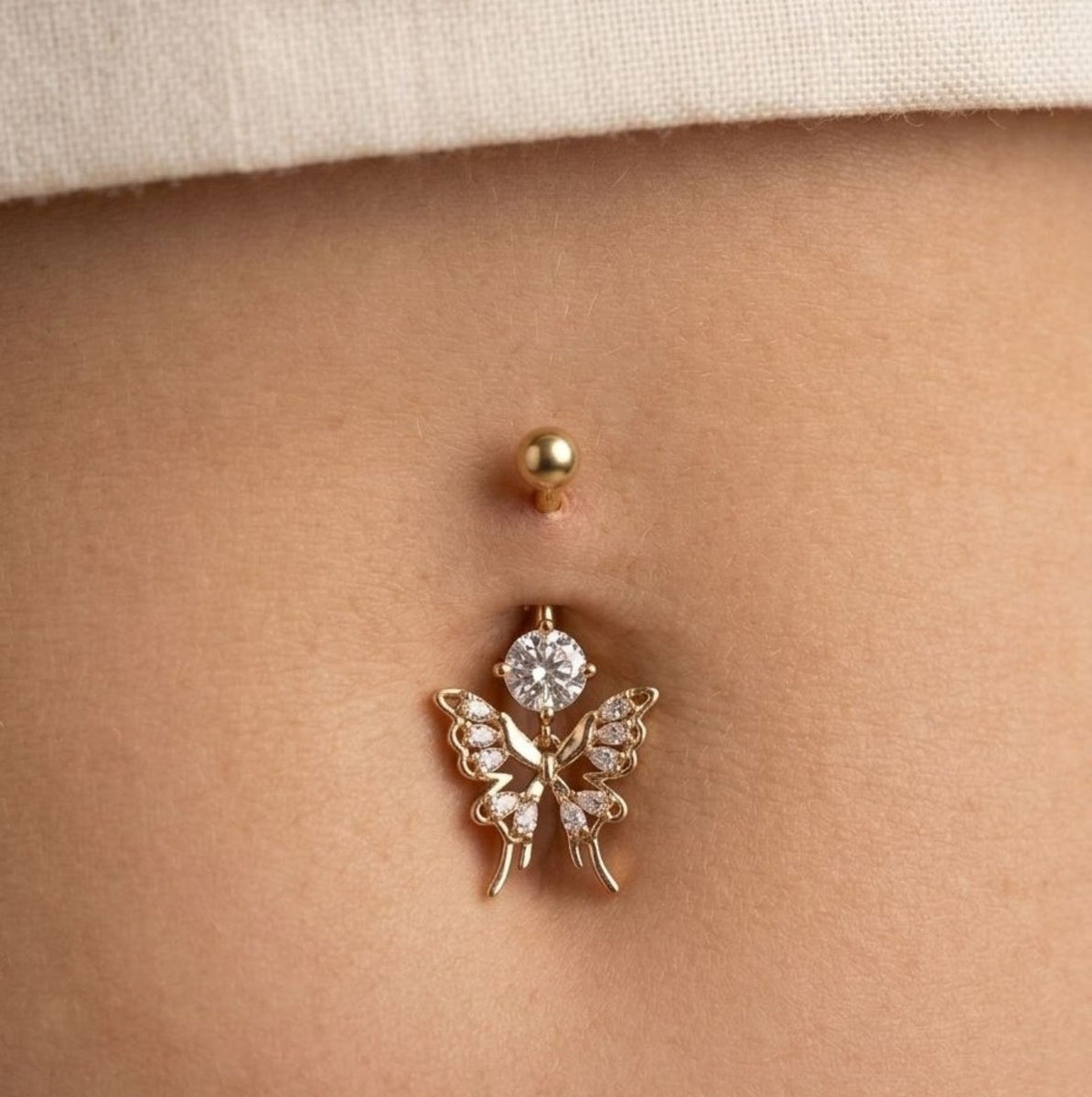Diamond Butterfly Drop Premium Göbek Piercingi Zirkon Taşlı Sallantılı Gümüş Altın Renk