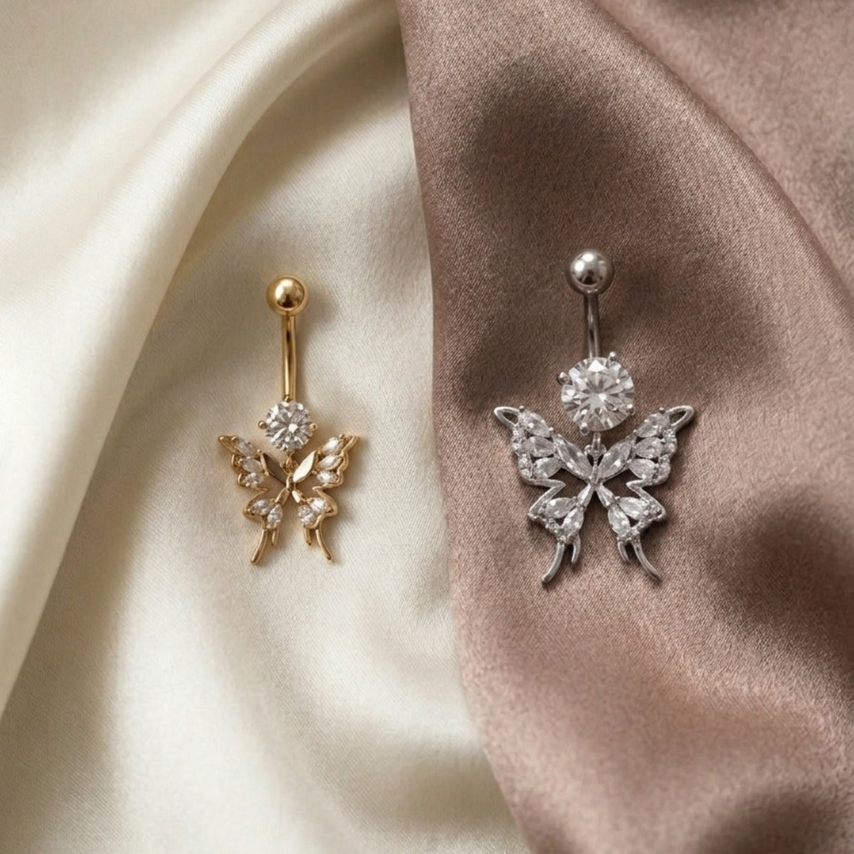 Diamond Butterfly Drop Premium Göbek Piercingi Zirkon Taşlı Sallantılı Gümüş Altın Renk