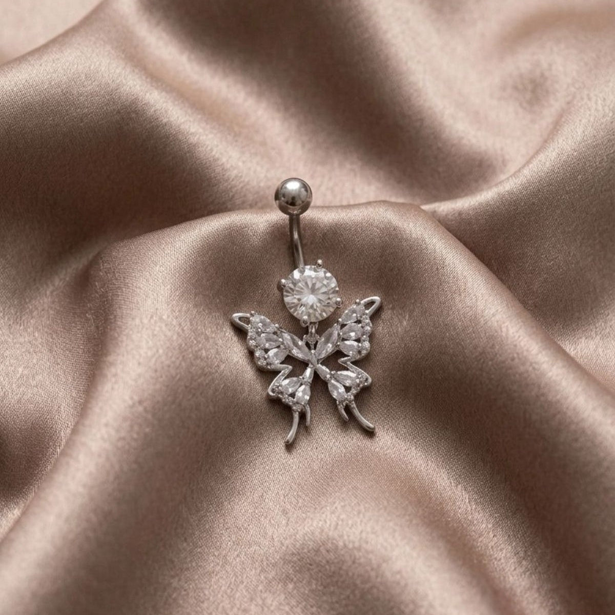 Diamond Butterfly Drop Premium Göbek Piercingi Zirkon Taşlı Sallantılı Gümüş Altın Renk
