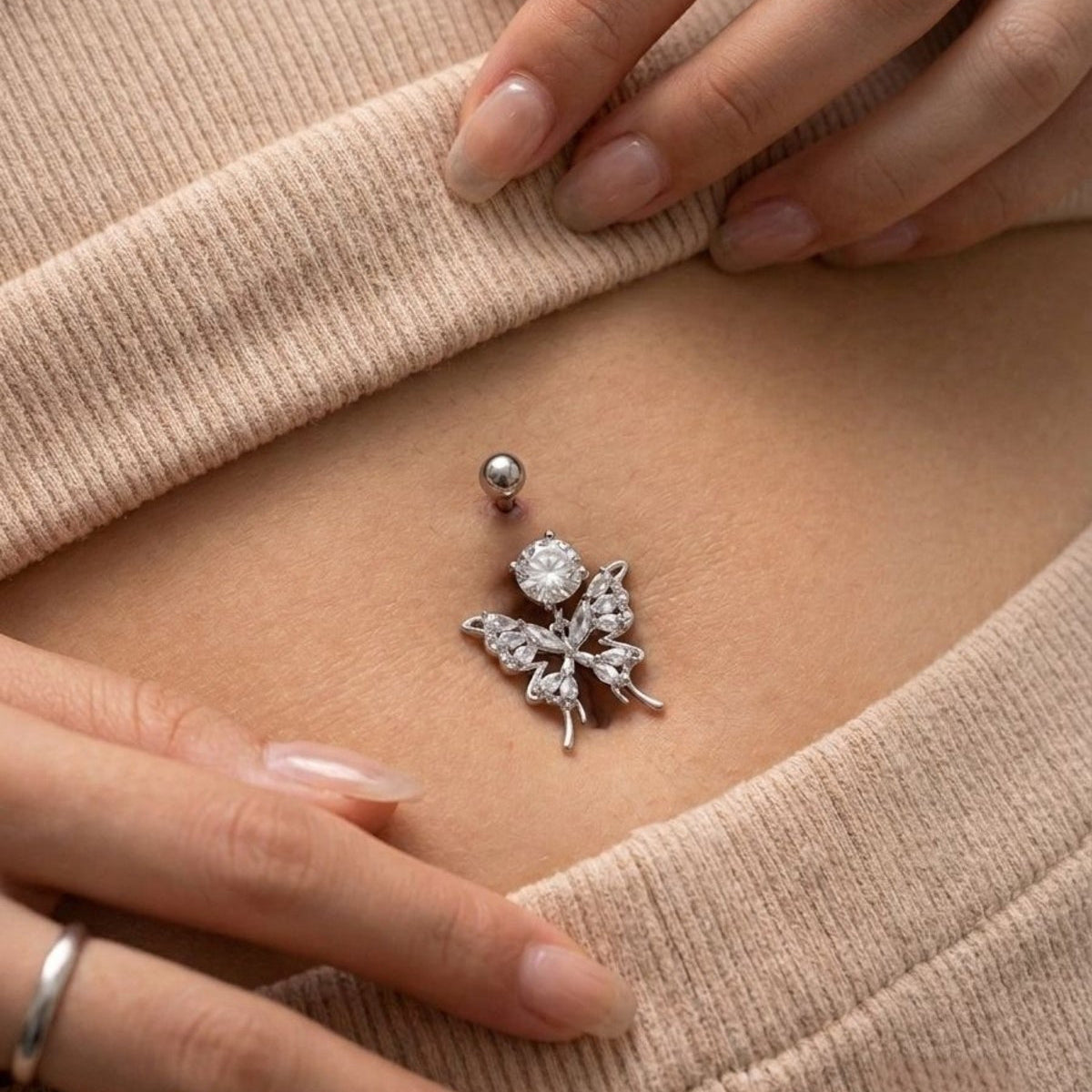 Diamond Butterfly Drop Premium Göbek Piercingi Zirkon Taşlı Sallantılı Gümüş Altın Renk