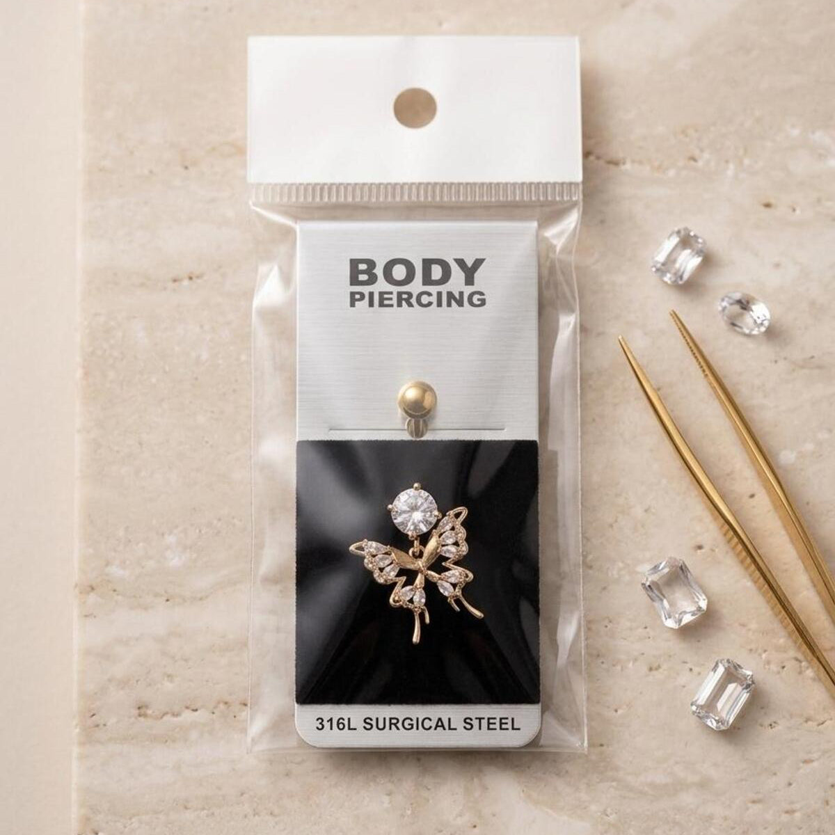 Diamond Butterfly Drop Premium Göbek Piercingi Zirkon Taşlı Sallantılı Gümüş Altın Renk